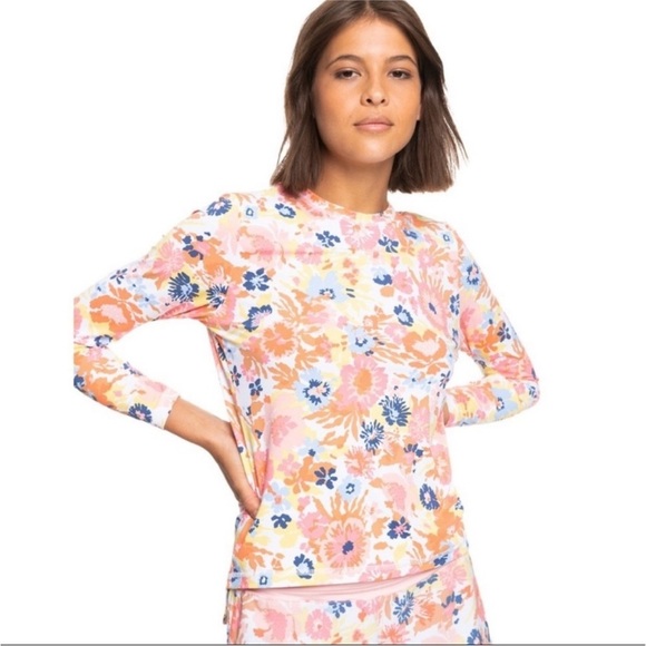 Roxy Sea Skipping Floral Printed Long Sleeve Rashguard UPF 50 Sz Medium - Picture 1 of 9
